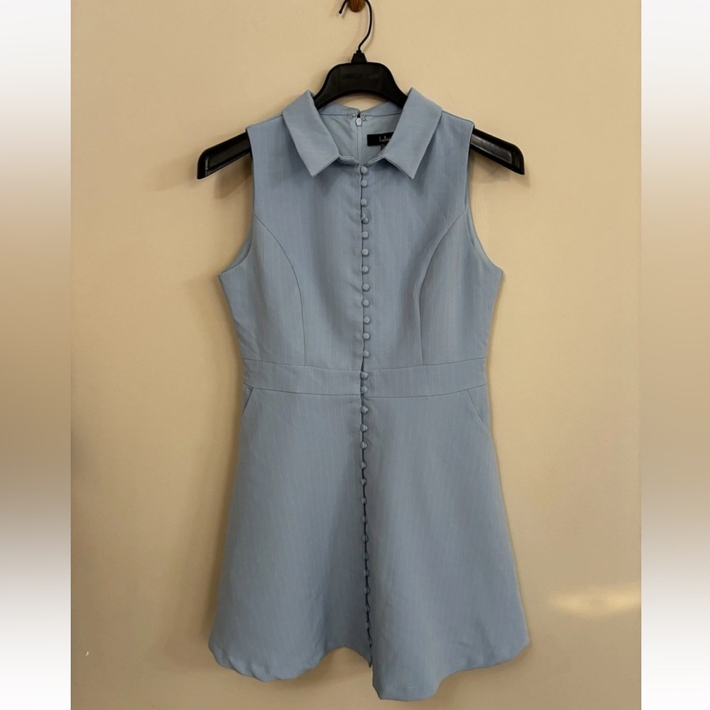 Lulus Blue Pinstriped Collared Mini Dress With Pockets NWT Size L Large - Picture 5 of 11